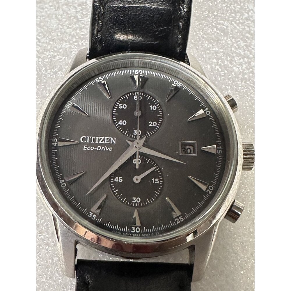 Citizen Eco-Drive Mens Chronograph Watch Black Strap Stainless Steel Case 42mm